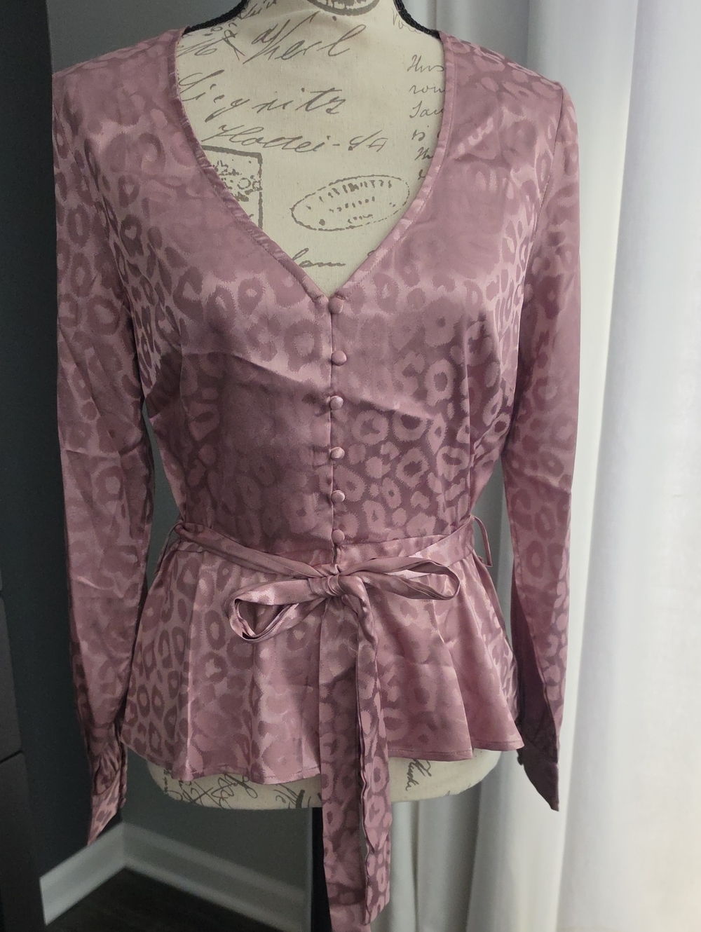 Pink Satin Leopard-Print Wrap Blouse with Tie